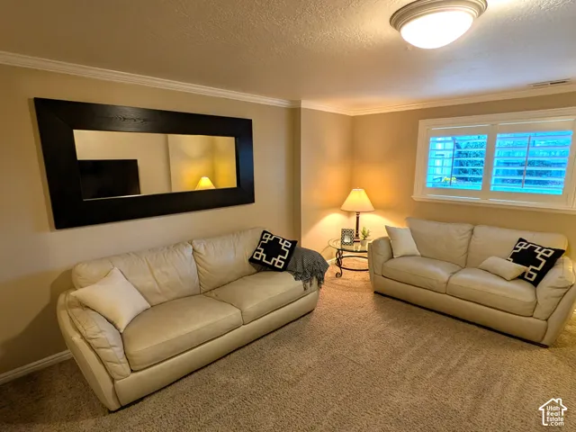 Warm interior lighting, crown molding, a large framed mirror, and plantation window shutters