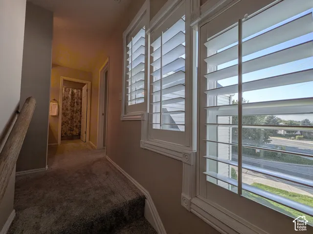 Hallway with carpeting and neutral wall paint