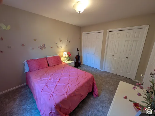 Plush carpeting throughout, neutral wall tones, two white bi-fold closet doors, and an overhead flush-mount light fixture