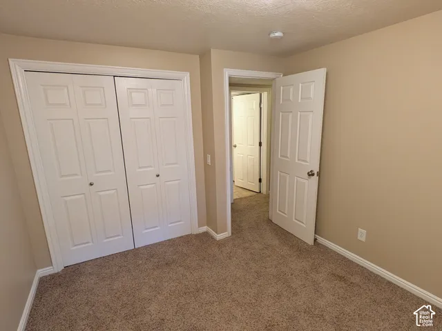 Neutral tone wall paint, textured ceiling, light brown carpet, white panel doors, and white trim