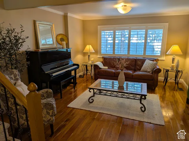 Hardwood flooring, crown molding, and a built-in window with plantation shutters