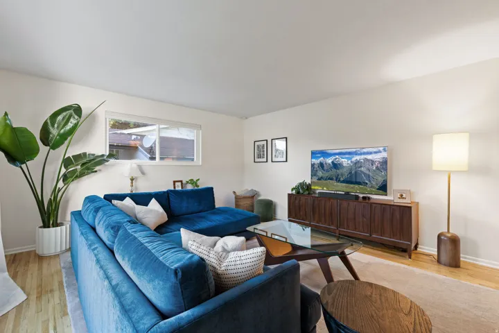 Window-lined wall, wood-finish flooring, and light-toned walls