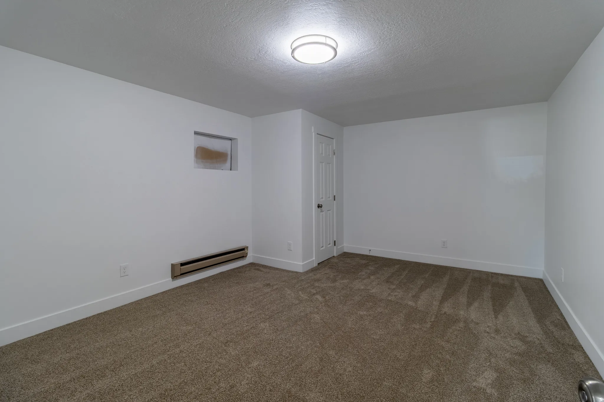 Neutral color palette, carpeted flooring, flush-mount ceiling light, white paneled door, baseboard trim