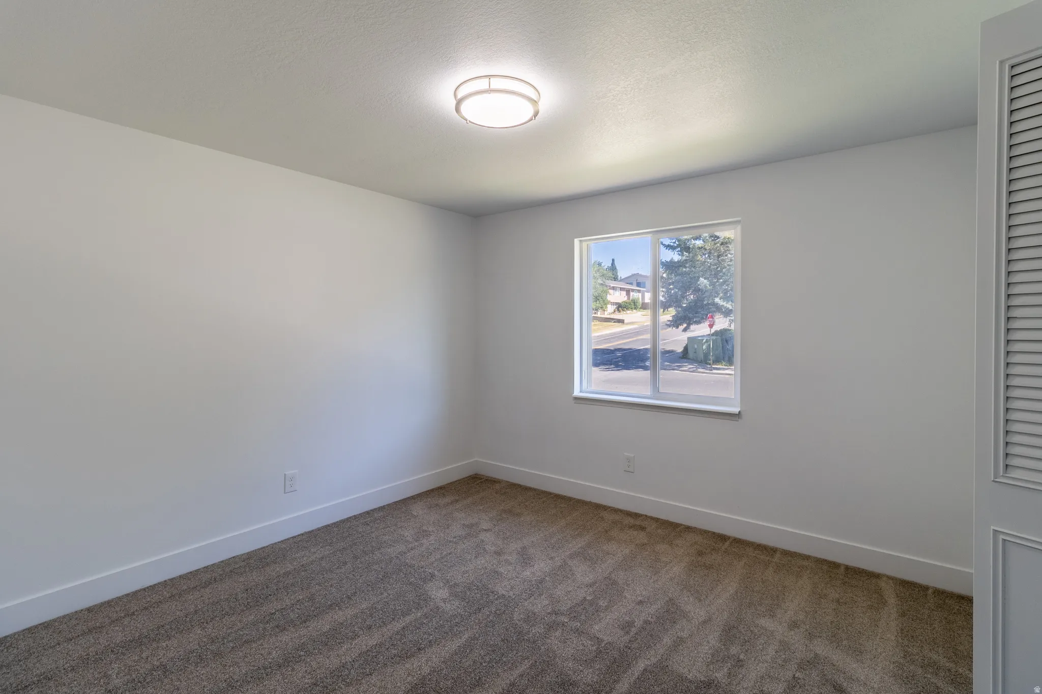 Plush carpeting, clean white walls, and a recessed ceiling light create a bright atmosphere