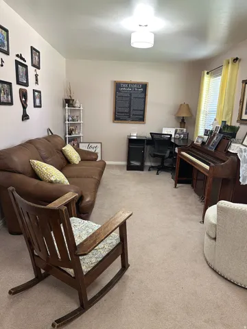 Recessed window with blinds, overhead flush-mount lighting, and neutral-toned carpeting