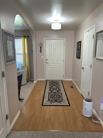 Entryway featuring wood-finish flooring, a paneled entry door, an arched doorway, and a flush-mount ceiling light