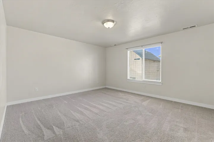 Carpeted room featuring a single window with blinds and a flush mount ceiling light