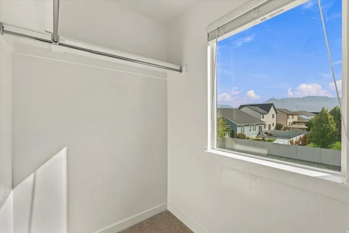 Recessed closet space with a chrome hanging rod, carpet flooring, and a large window