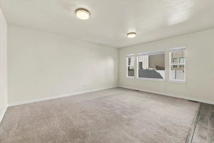 Expansive room featuring light-toned carpeting, multiple windows with white trim, and flush-mount ceiling lighting