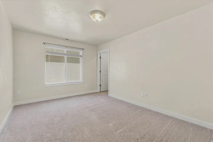 Carpeted flooring, single window with blinds, overhead flush mount lighting, and white paneled door