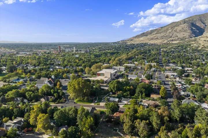 Expansive residential area with abundant mature trees and distant mountain ranges