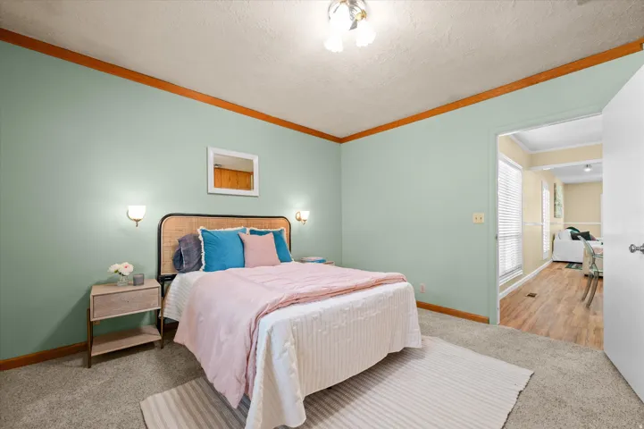 Textured carpeting throughout, featuring wall-mounted sconces, a ceiling light fixture, and wood trim details