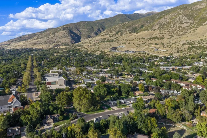 Mountainous backdrop, expansive tree canopy, residential properties, clear blue sky, distant paved roads