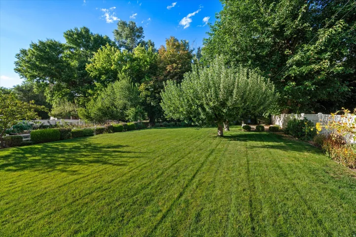 Expansive lawn space, mature trees, manicured hedges, and a privacy fence