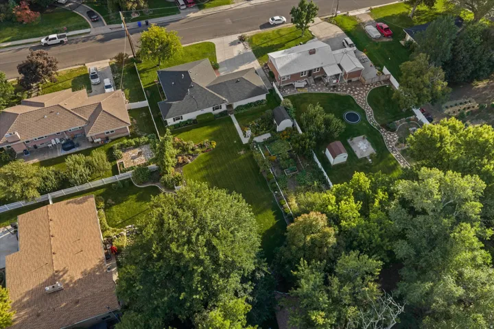 Expansive property featuring a large landscaped yard, paved walkways, a built-in trampoline, and mature trees
