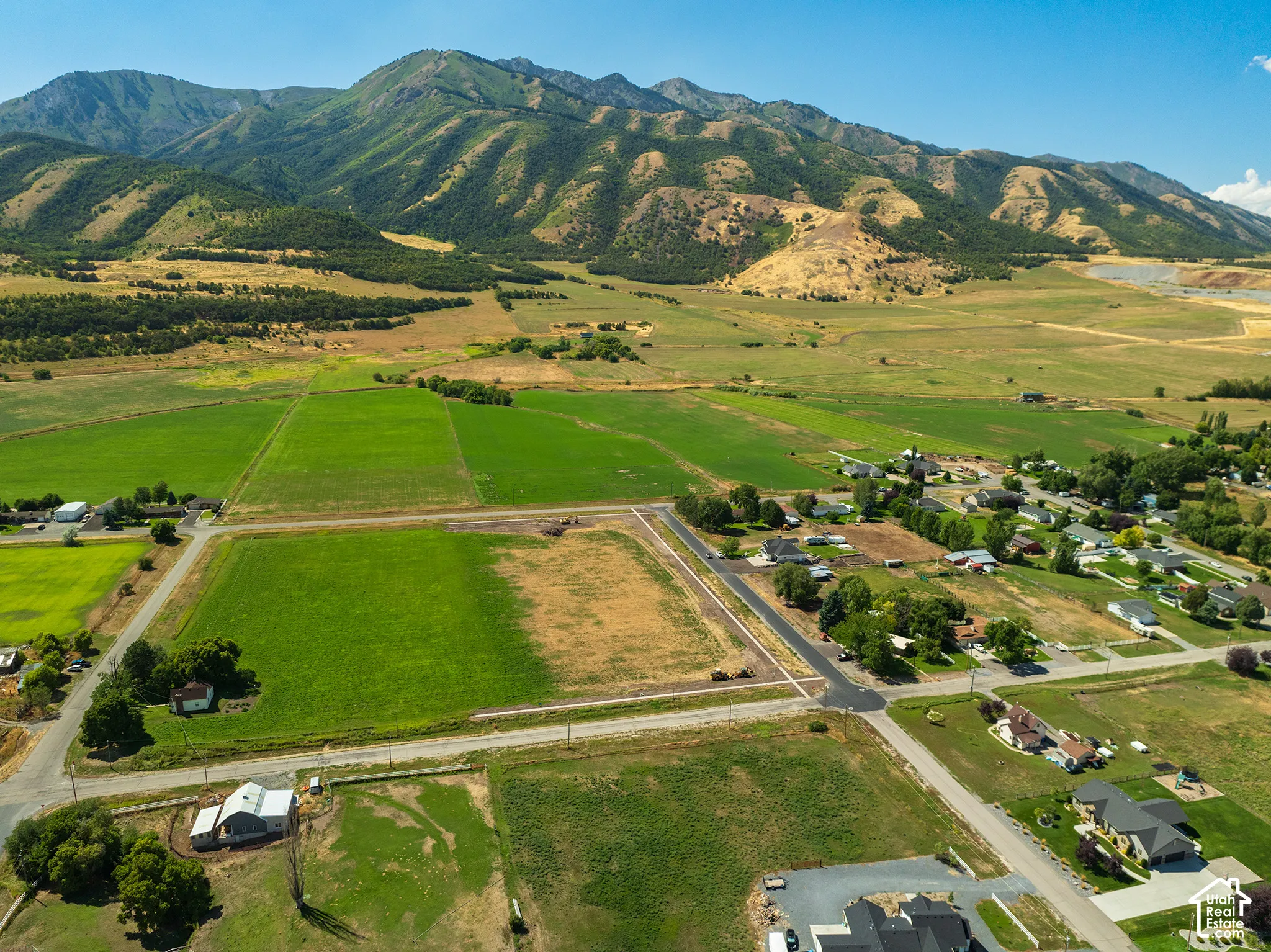 Expansive green fields, paved roads, and distant mountain backdrops