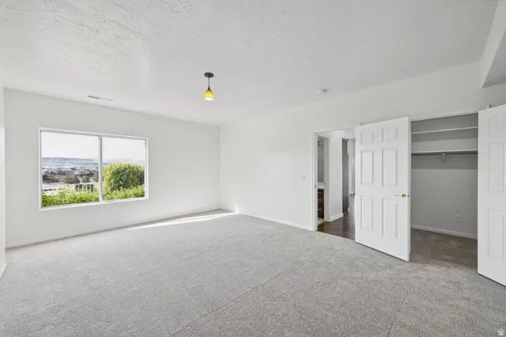 Window with exterior scenery, overhead pendant lighting, light grey carpeting, white bi-fold closet doors, and an additional white panel door