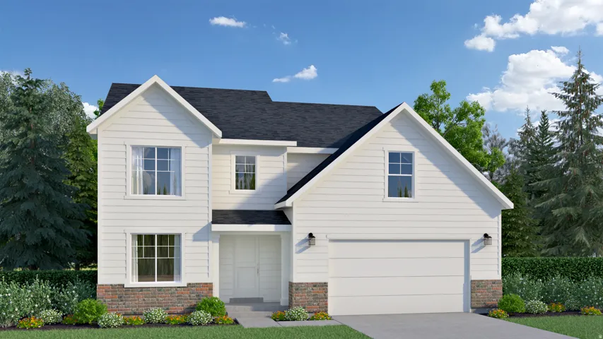 White siding exterior with a dark shingle roof, brick accent foundation, and an attached two-car garage