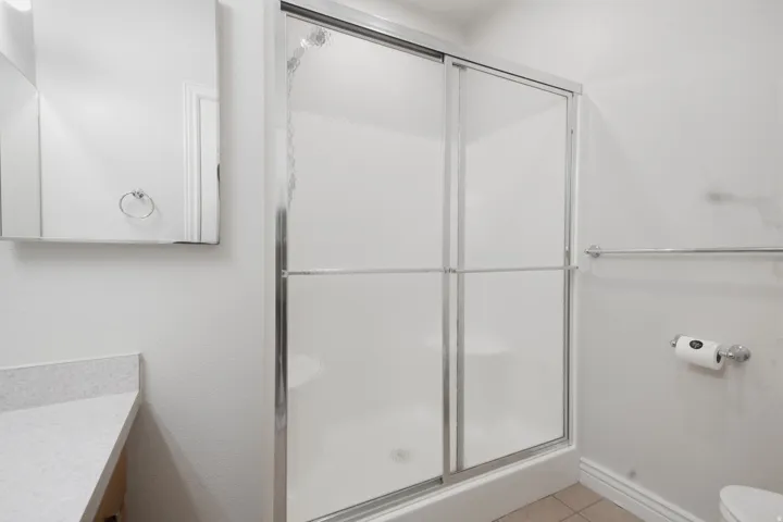 Shower with sliding frosted glass doors, a built-in shower seat, and a chrome towel bar