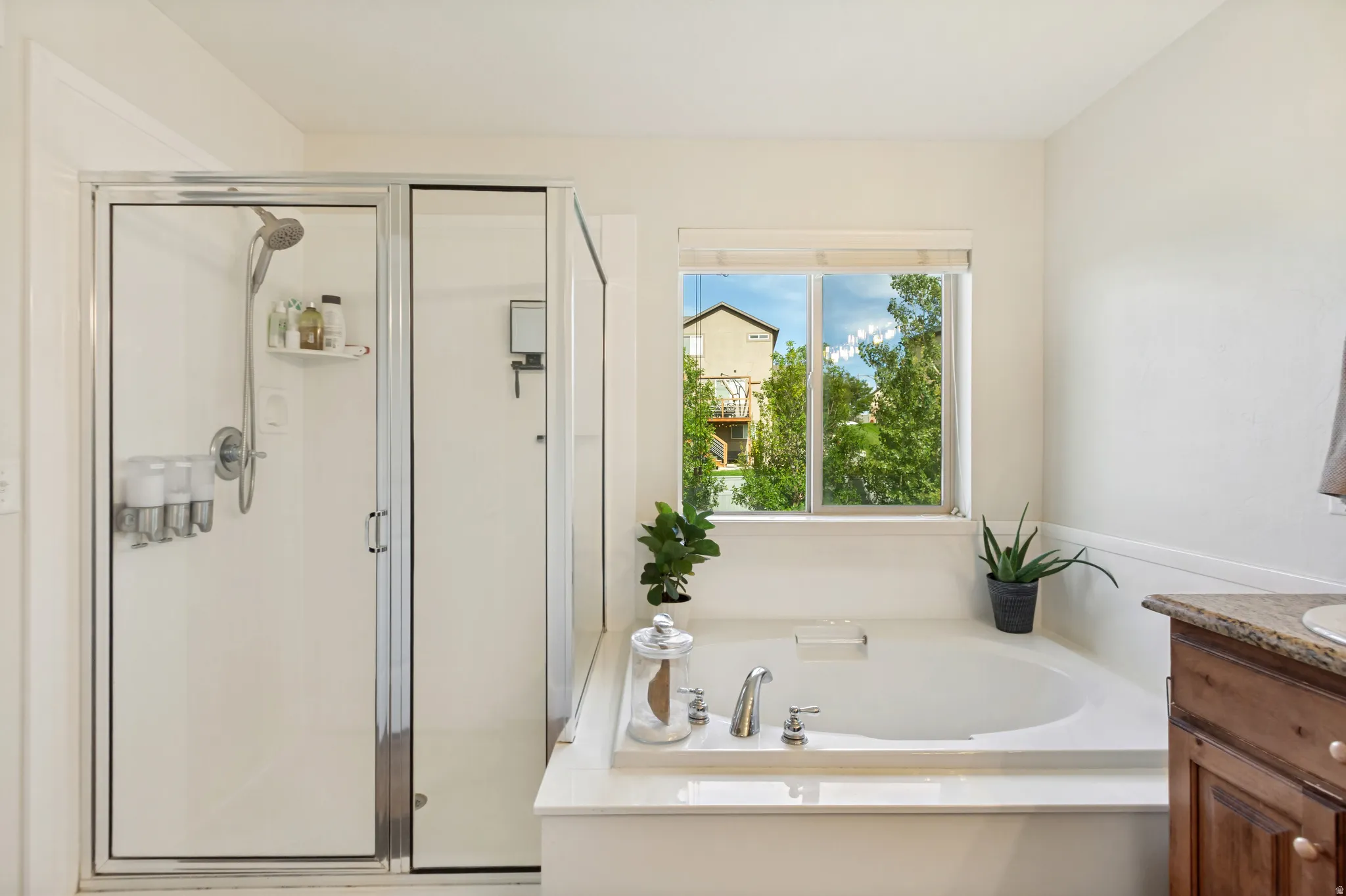 Glass-enclosed shower, built-in soaking tub, and a window with exterior scenery