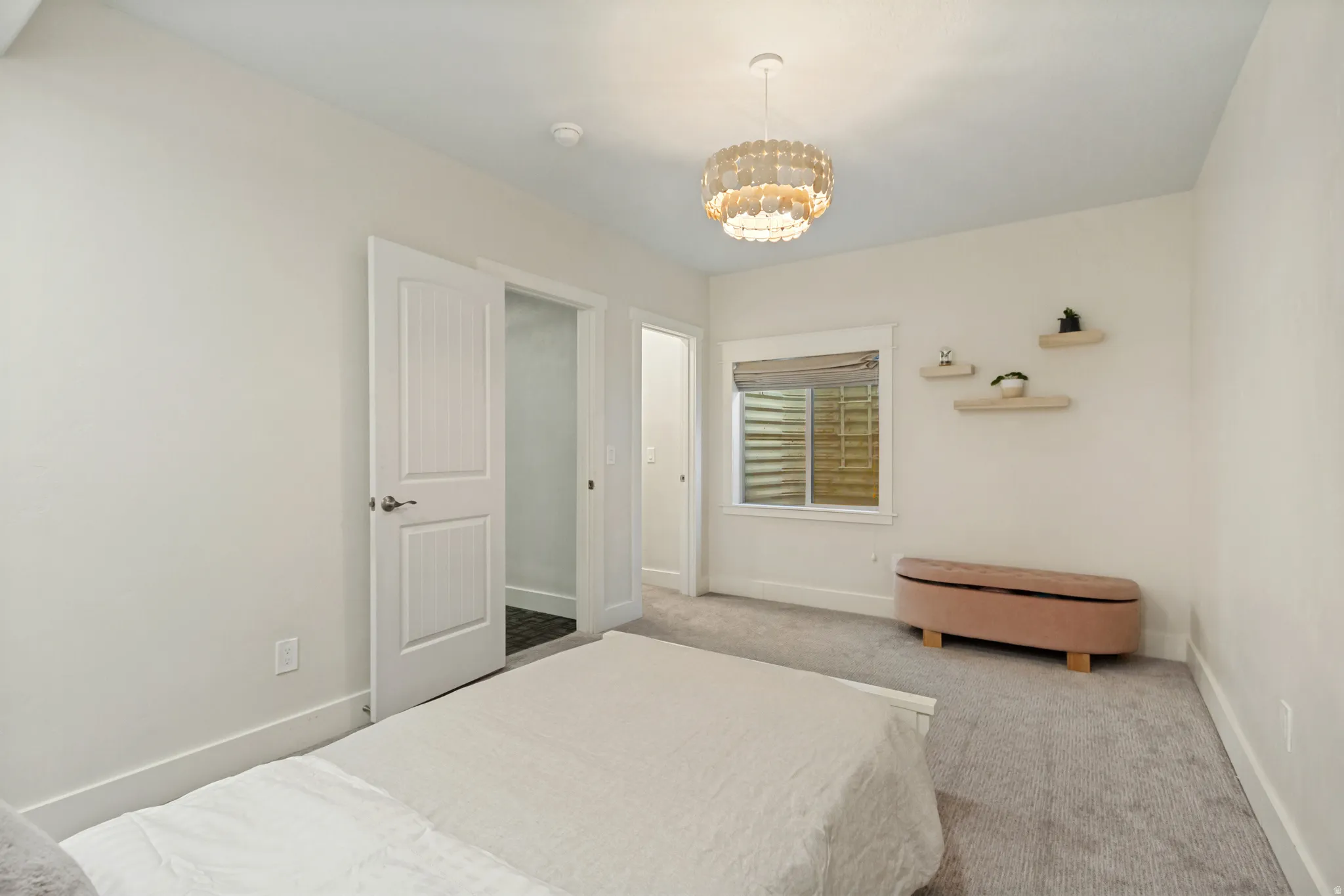 Recessed window with privacy blind, built-in shelving, white paneled interior door, ceiling-mounted light fixture, and carpeted flooring
