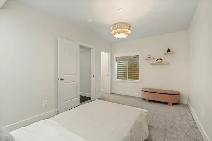 Recessed window with privacy blind, built-in shelving, white paneled interior door, ceiling-mounted light fixture, and carpeted flooring