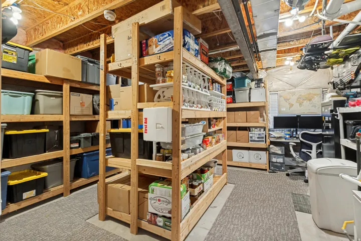 Extensive built-in wood shelving for storage, exposed ceiling joists, and carpeted flooring