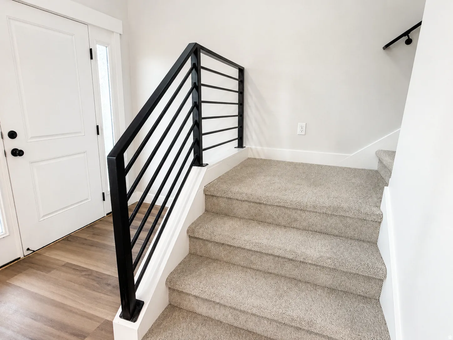 Modern horizontal bar railing, wood-finish flooring, two-panel entry door with clear glass sidelight, neutral wall paint, and carpeted staircase