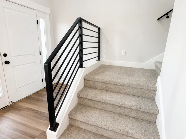 Modern horizontal bar railing, wood-finish flooring, two-panel entry door with clear glass sidelight, neutral wall paint, and carpeted staircase