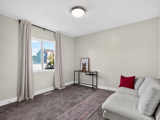 Wall-to-wall carpeting, neutral wall palette, and a flush mount ceiling fixture