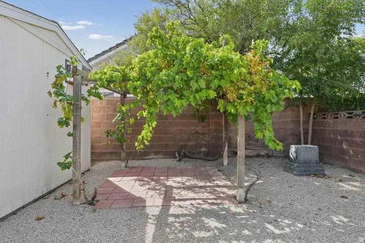 Grapevine-covered wooden pergola over a red paver patio, surrounded by gravel landscaping and a block perimeter wall