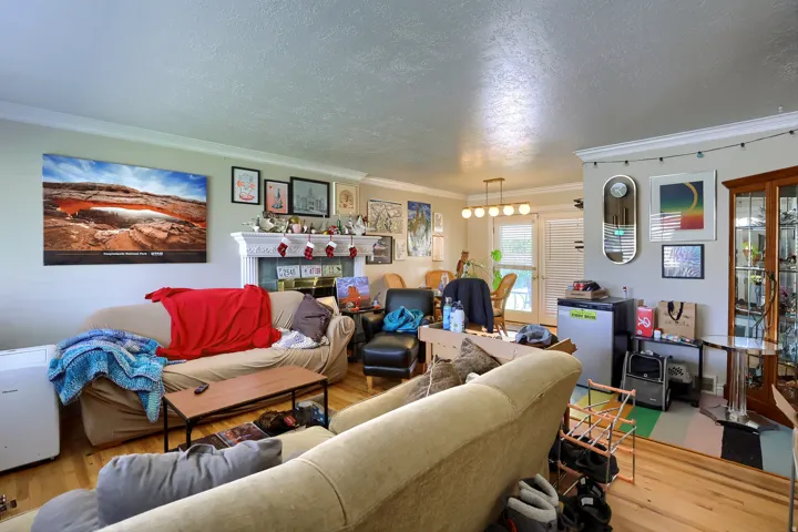 Wood-finish flooring throughout, crown molding, and a built-in fireplace with mantel