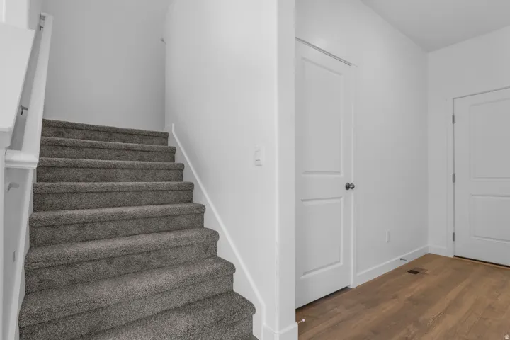 Carpeted staircase with white balustrade, wood-finish flooring, and white interior doors