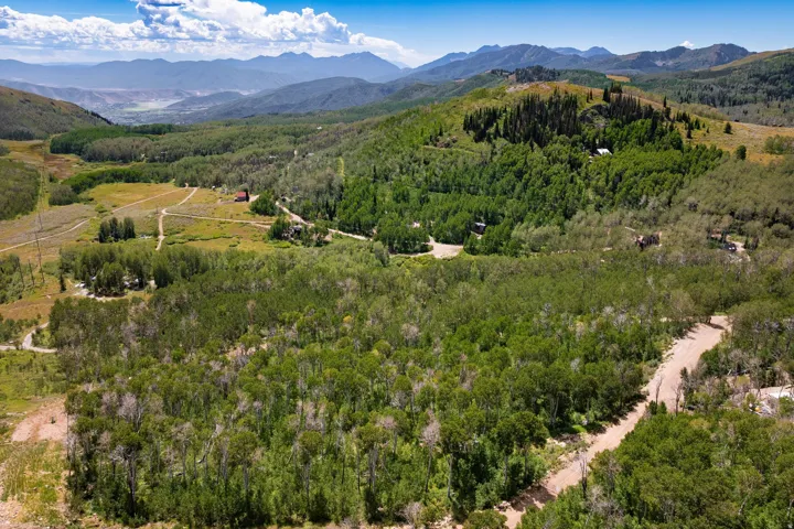 Expansive acreage featuring abundant mature trees, unpaved roads, and distant mountain ranges