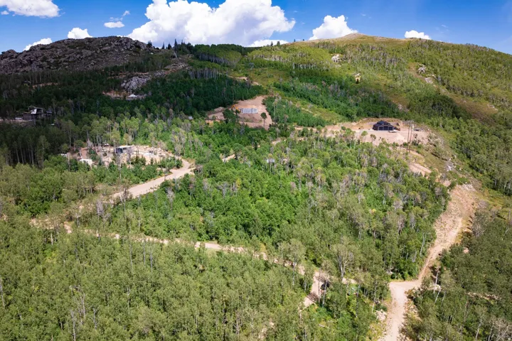 Mountainous terrain with scattered construction and dense tree coverage