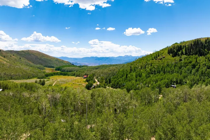 Expansive mountain landscape featuring varied tree cover, a distant valley, and scattered structures