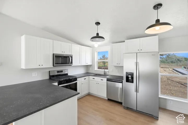 Modern kitchen featuring white shaker cabinetry, stainless steel appliances, dark countertops, and wood-finish flooring