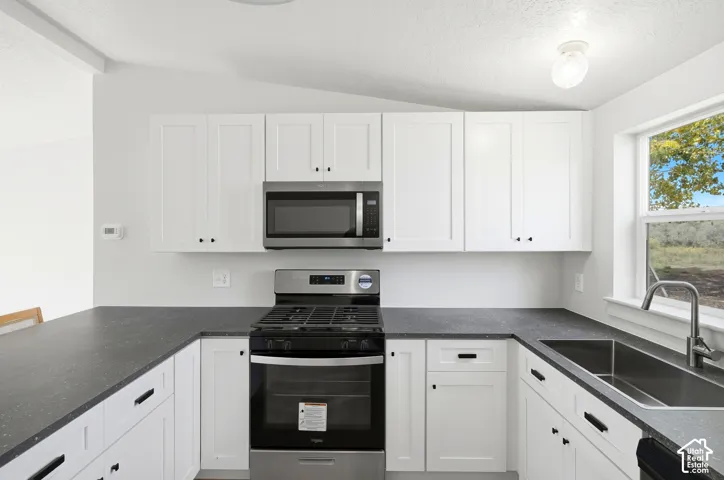 U-shaped kitchen with white shaker cabinetry, stainless steel appliances, dark countertops, and a single basin stainless steel sink with a gooseneck faucet