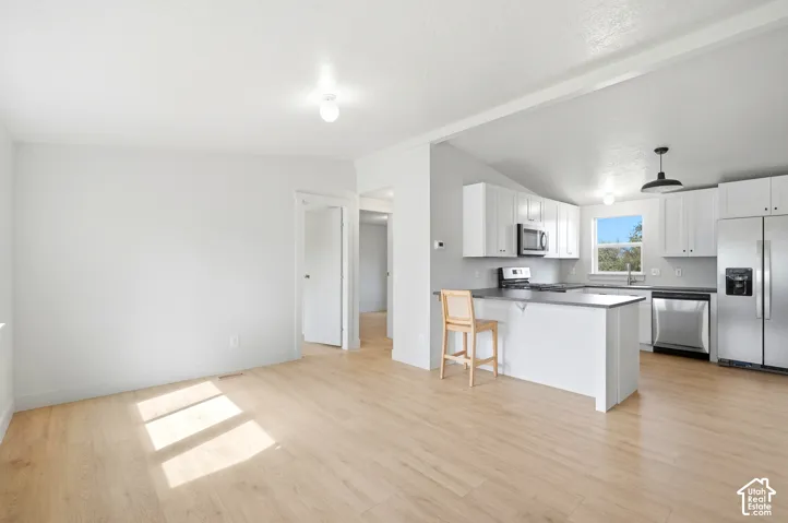 Wood-finish flooring throughout, kitchen with white cabinetry, stainless steel appliances, dark countertops, and a central island with an overhang