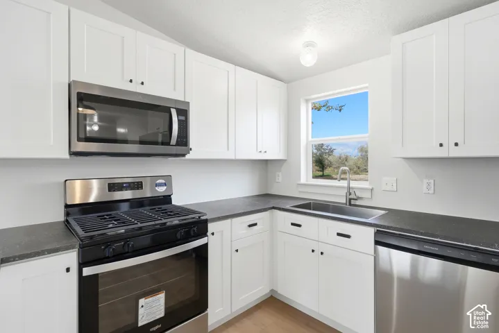 Kitchen featuring white shaker cabinetry, stainless steel appliances, dark countertops, and a stainless steel sink with a gooseneck faucet