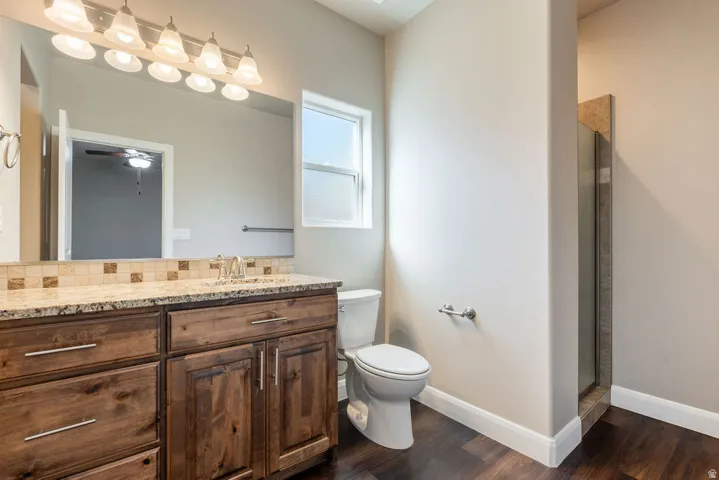 Wood-finish flooring, wood cabinetry with brushed nickel hardware, light-toned countertop with integrated sink, tiled backsplash, and glass-enclosed shower