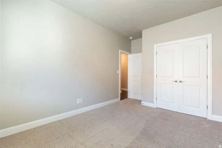 Plush carpet flooring, neutral painted walls, white trim, and white paneled doors