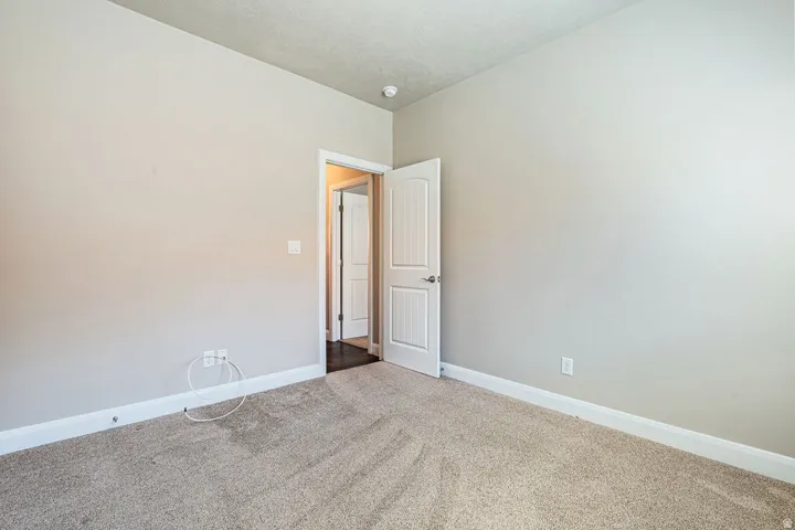 Neutral wall tones, carpet flooring, and a white paneled door