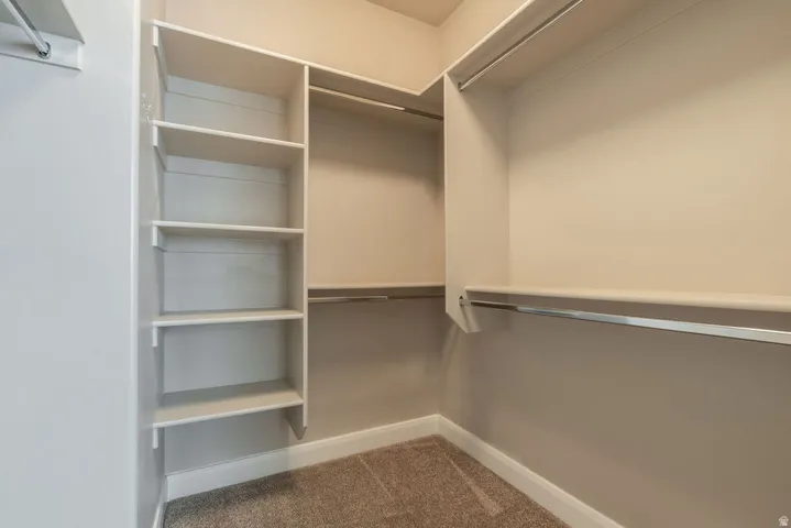 Built-in closet shelving, multiple hanging rods, and neutral-toned carpeting