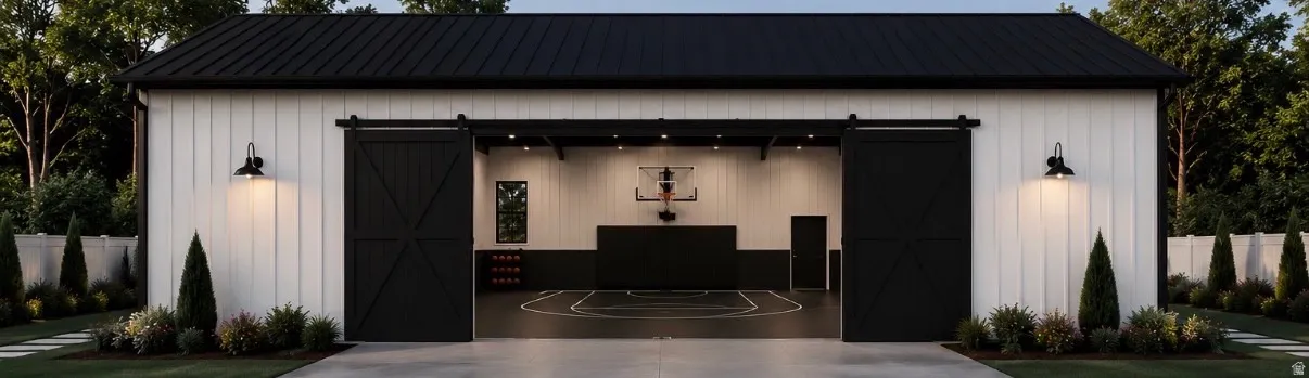 White board-and-batten exterior with a black metal roof