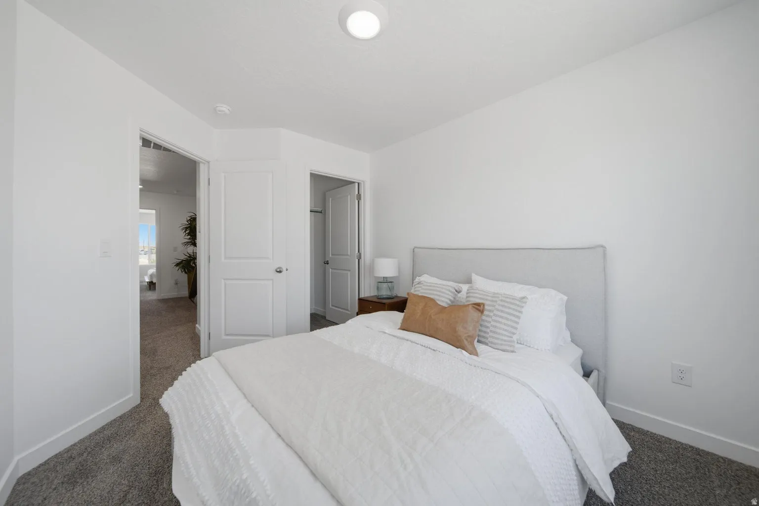 Light-toned carpeting, white walls, and white trim