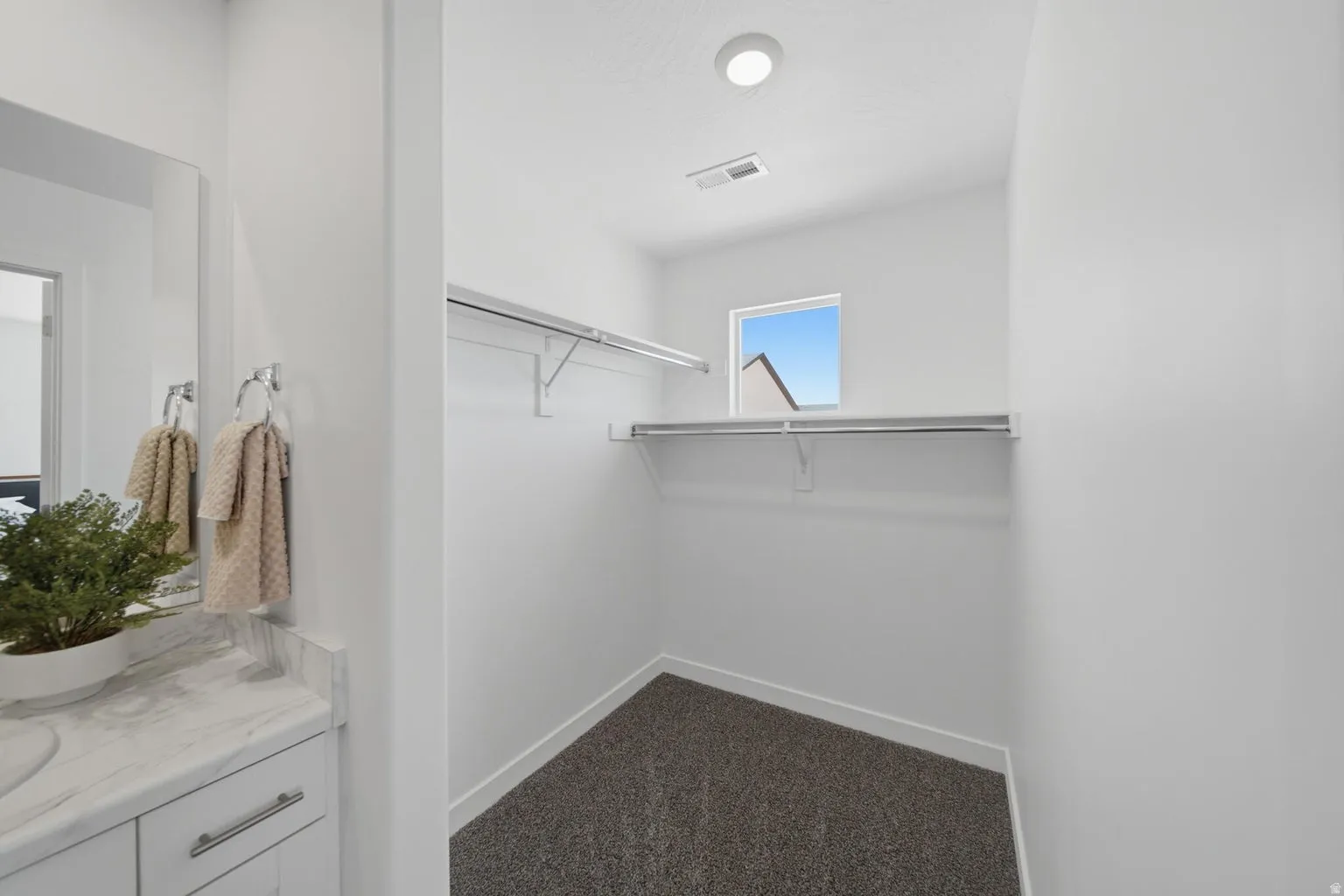 Walk-in closet with integrated shelving, hanging rods, and a window