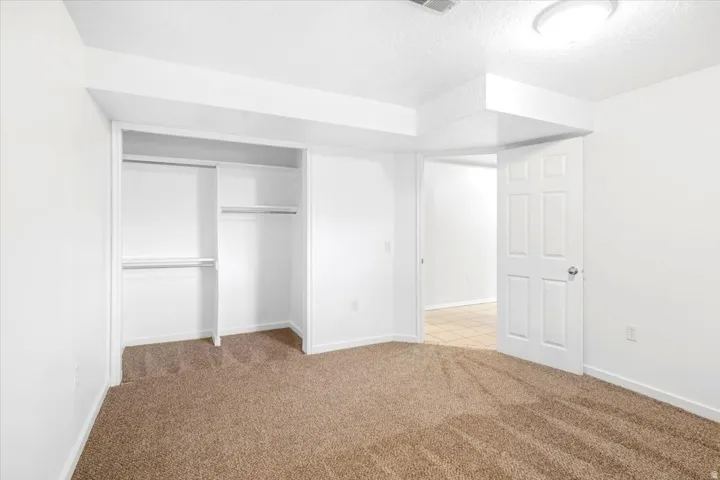 Neutral-toned carpeting paired with white walls, a built-in closet with shelving and hanging rods, and a white paneled door