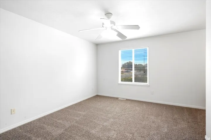 Neutral wall finishes with a ceiling fan, carpeted flooring, and a window with horizontal blinds