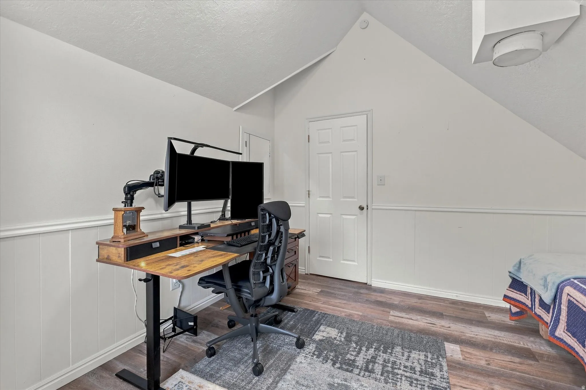 Angled ceiling, wood-finish flooring, white paneling, white door, surface-mounted light fixture